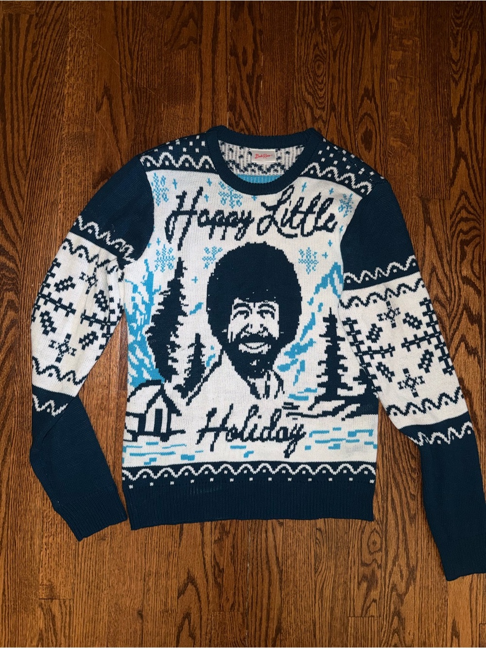 Happy Little Holiday Bob Ross-Inspired Navy and White Crewneck Sweater